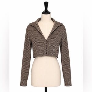 Zara Houndstooth Cropped Button Front Top | Collared Long Sleeve | Size L